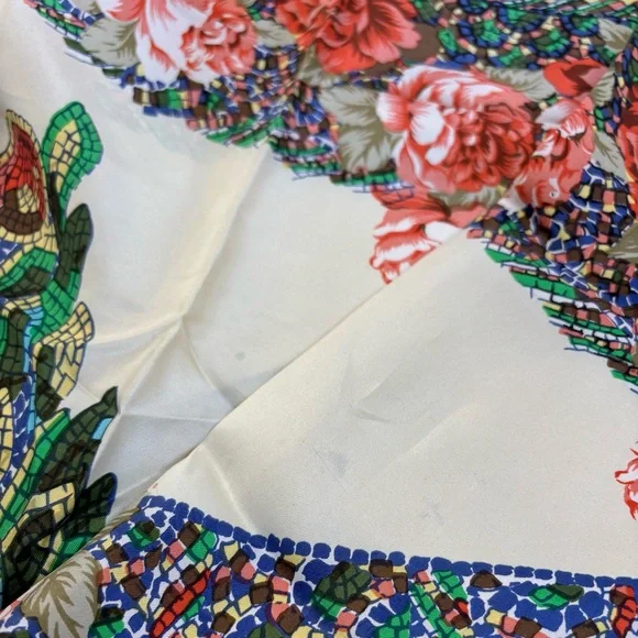 VTG Silk 34" Scarf Nina Ricci Paris Floral Roses‎ Cream Peach Mosaic Head Scarf - Picture 6 of 9